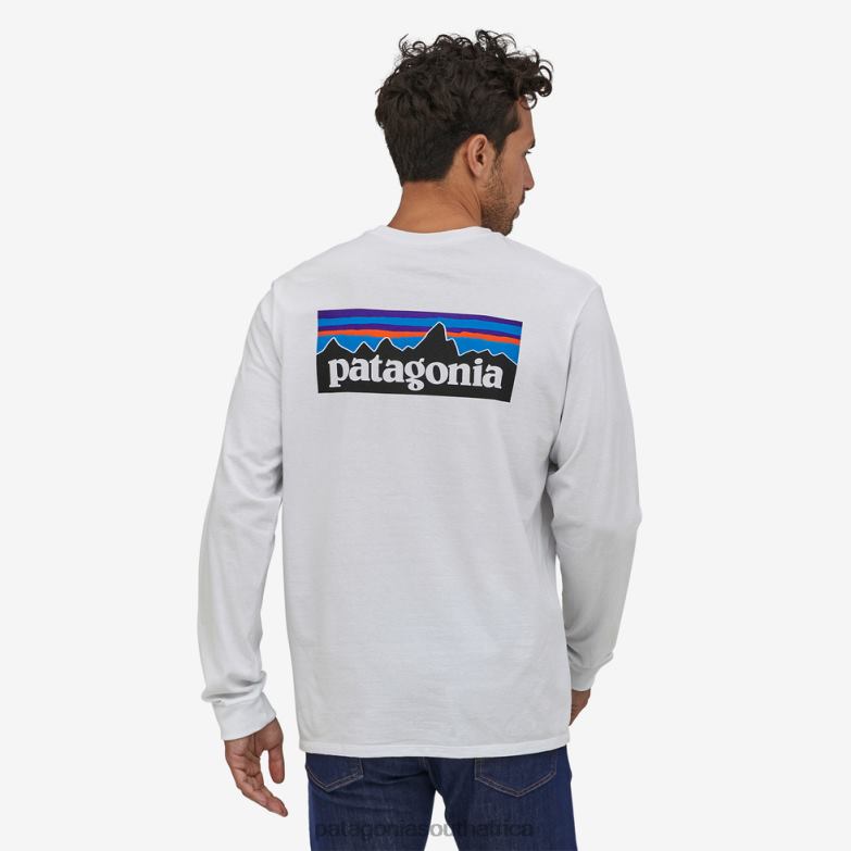 Men Long-Sleeved P-6 Logo Responsibili-Tee White Patagonia Apparel P6ZJ61904