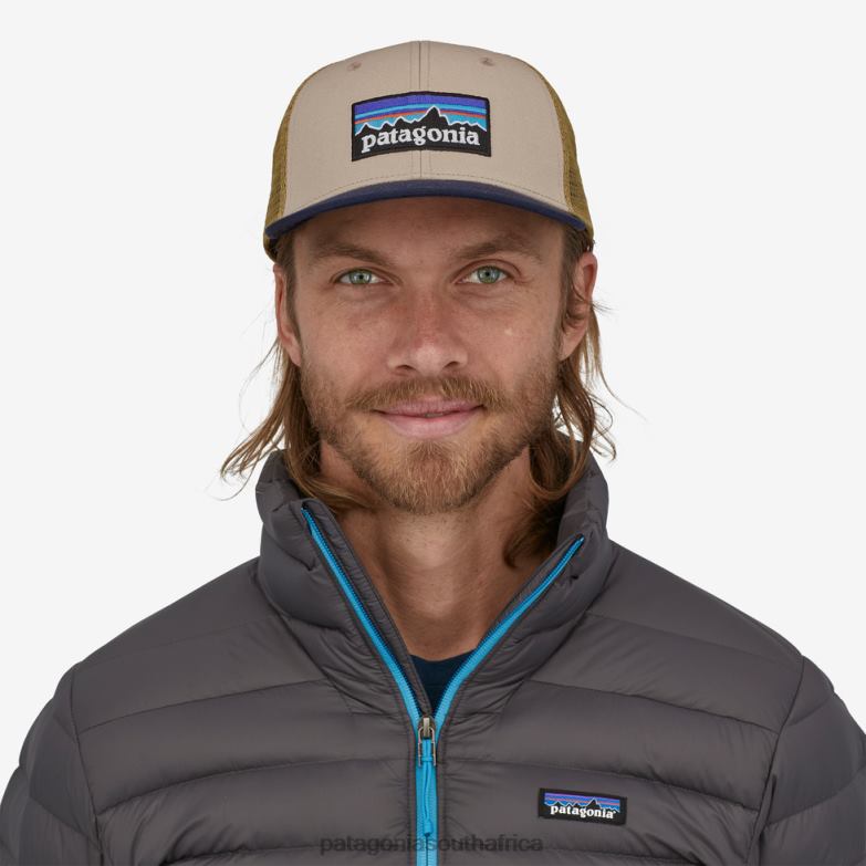 Women P-6 Logo Trucker Hat Oar Tan w/New Navy Patagonia Accessories P6ZJ63387
