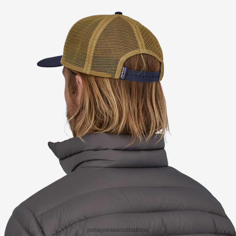 Women P-6 Logo Trucker Hat Oar Tan w/New Navy Patagonia Accessories P6ZJ63387