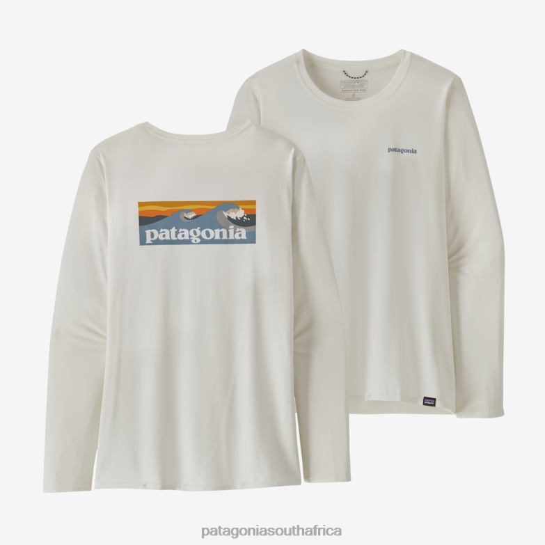 Women Long-Sleeved Capilene Cool Daily Graphic Shirt-Waters Boardshort Logo Light Plume Grey: White Patagonia Apparel P6ZJ6641